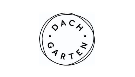 Ein kreisförmiges Logo mit dem Wort „DACH“ oben und „GARTEN“ unten, getrennt durch zwei Punkte auf beiden Seiten. Der Kreis wirkt grob und handgezeichnet. Der Hintergrund ist weiß.