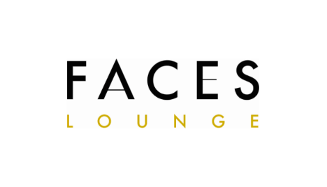 Logo mit dem Text „FACES“ in fetten schwarzen Buchstaben und „LOUNGE“ in kleineren gelben Buchstaben darunter auf weißem Hintergrund.